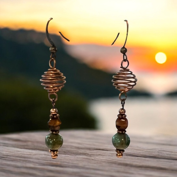 20214 Dragon blood jade/amber swirl copper earrings - Picture 2 of 5